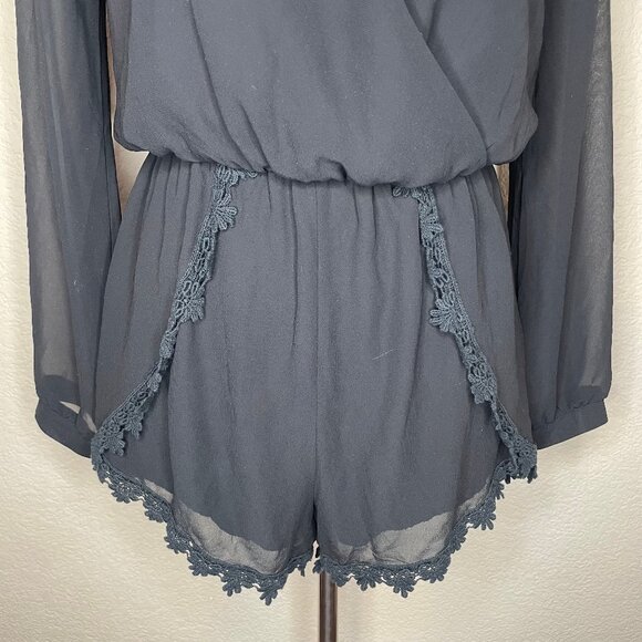 Astr Black Sheer Long Sleeve Floral Crochet Pleated Shorts Romper Boho Sz Med - Picture 4 of 13